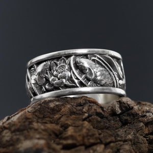 Koi Fish and Lotus Band Ring, Handmade Japan Ornament Ring, Japanese Motifs Wedding Band for Men, Nature Inspired Ring,Carp Koi Fish Jewelry