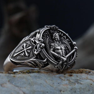 Sterling Silver Saint Michael Ring, Signet Archangel Ring, Christian Jewelry Gift for Men, Catholic Jewelry,St Michael Pinky Signet Ring Men