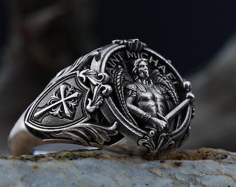 Handmade Sterling Silver Saint Michael Signet Ring, Christian Jewelry