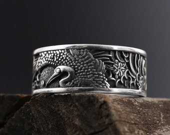 Shadoof Japanese Sun Band Ring, Silver Men Band Ring, Traditional Band Ring, Men&#39;s Silver Jewelry, Unique Mens Ring, Cool Ring