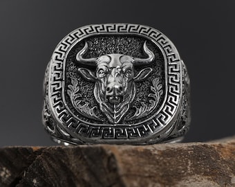 Handmade Sterling Silver Bull Signet Ring: Celtic Design, Norse Mythology Jewelry