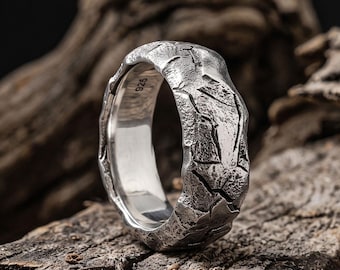 Cracked Textured Ring for Men, 925 Sterling Silver Wabi Sabi Band, Rustic Nature Gift