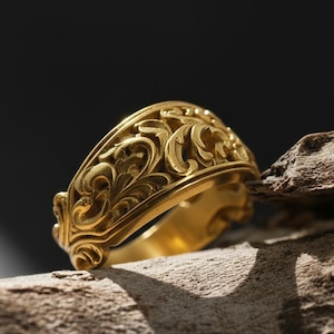 Bague baroque sculptée : bague vintage plaquée or, bague florale gravée, bague large unique