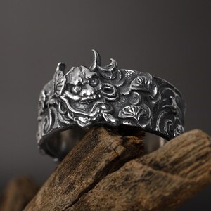 925K Sterling Silver Oni Mask Band: Japanese Hannya Mask Ring for Men, Unique Jewelry