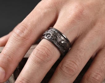 Handmade Sterling Silver Dragon Koi Ring: Engraved Wide Band