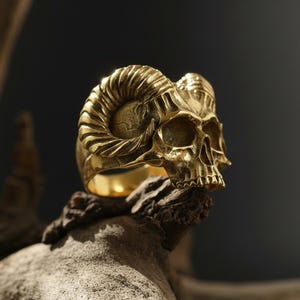 Gold Plated Demon with Horned Skull Ring: Scary Men Ring, Demon Large Thumb Ring, Ram Skull Gothic Ring