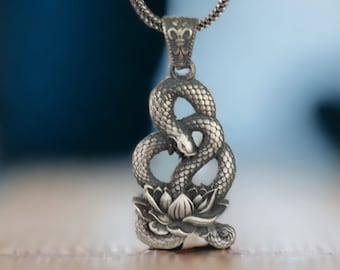 Snake with Flower Necklace, Gothic Floral Necklace, Lotus Snake Necklace, Serpent Necklace, Handmade Silver Necklace, Biker Jewelry