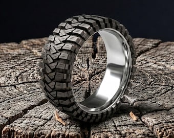 Tire Tread Ring for Men, Sterling Silver Off Road Band, Truck Jeep Lover Gift