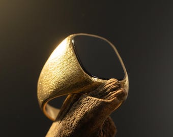 14K Solid Gold Onyx Signet Ring Men: Black Onyx Ring, Mens Gold Ring, Classic Signet Ring
