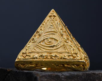 Solid Gold All Seeing Eye Ring: Handmade Pyramid Ring, Eye of Providence Ring, Spiritual Jewelry