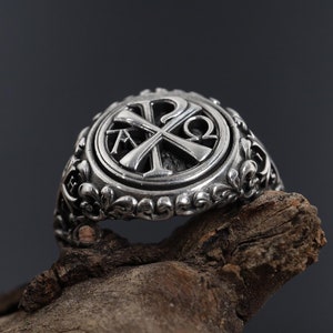 Chi Rho Alpha Omega Monogramm Siegelring, Jesus Christus Männer Ring, Herren Silber Schmuck, Handgefertigter Chi Rho Kreuz Ring, coole Ringe