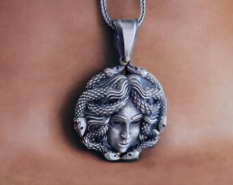 Sterling Silver Medusa Pendant Necklace, Gothic Biker Jewelry