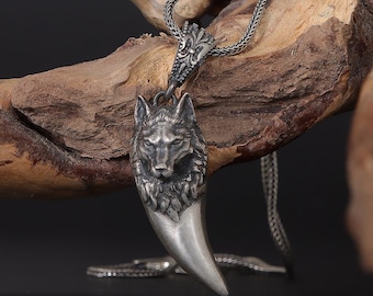 Silver Nordic Wolf Tooth Necklace, Scandinavian Jewelry Gift for Men, Norse Mythology Necklace, Viking Jewelry, Wolf Head and Tooth Necklace