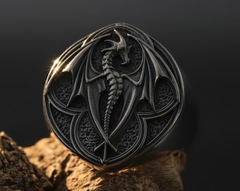 Rhodium Plated Mens Gothic Dragon Statement Ring: Dark Academia Jewelry for Him, Bold Mythical Creature Ring