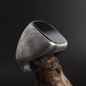 Silver Onyx Signet Ring, Chunky Onyx Ring, Oxidized Ring for Men, Modern Mens Ring, Square Onyx Ring, Onyx Jewelry Gift for Men