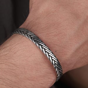 Men&#39;s Braided Pattern Cuff Bracelet, Oxidized Silver Bangle, Viking Style Bracelet for Him, Boho Mens Jewelry, Men’s Handmade Open Cuff
