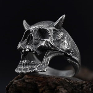 Handmade Sterling Silver Devil Skull Ring, Goth Biker Jewelry