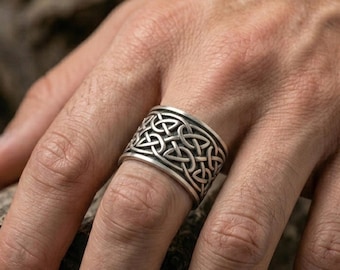 925 Sterling Silver Celtic Knot Ring: Wide Band Men’s Irish Heritage,Handmade Symbolic Jewelry