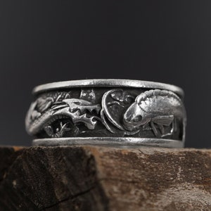Carp Koi Fish and Dragon Ring: 925K Sterling silver Handmade Men&#39;s Fantasy Band Ring