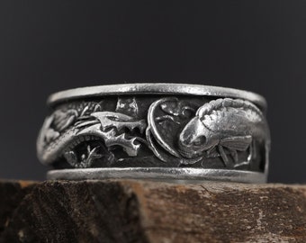 Carp Koi Fish and Dragon Ring: 925K Sterling silver Handmade Men&#39;s Fantasy Band Ring