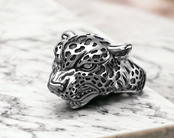 3D Leopard Head Ring: 925K Sterling Silver Unique Men Animal Ring
