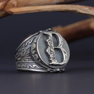 Anillo de letra barroca personalizado, anillos con iniciales de monograma, anillos con letras de la A a la Z, regalo de joyería personalizado para hombres, anillo con letra de sello, anillo de plata para hombres