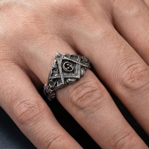 Freemason Sterling Silver Ring, Masonic Signet Men, Square Compass Brotherhood Symbol Mens Lodge For 925
