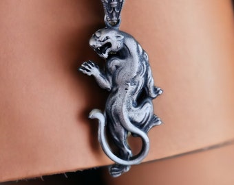 Silver Panther Mens Necklace,  Oxidized Silver Large Jaguar Pendant, Wild Animal Necklace, Gothic Men Necklace, Punk Jewelry, Animal Pendant