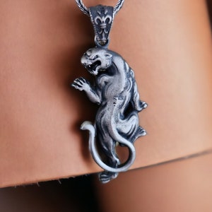 Silver Panther Mens Necklace,  Oxidized Silver Large Jaguar Pendant, Wild Animal Necklace, Gothic Men Necklace, Punk Jewelry, Animal Pendant