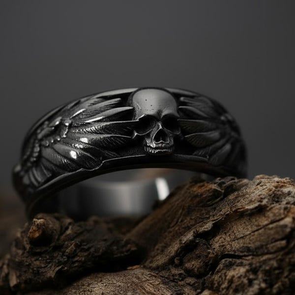 Raven Skull Ring Men, Gothic Winged Band Sterling Silver, Black Rhodium Mens Alternative Dark Symbolic