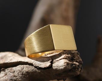 14K Solid Gold Square Ring: Minimalist Modern Gold Band for Men, Geometric Signet Ring, Handmade Signet Ring