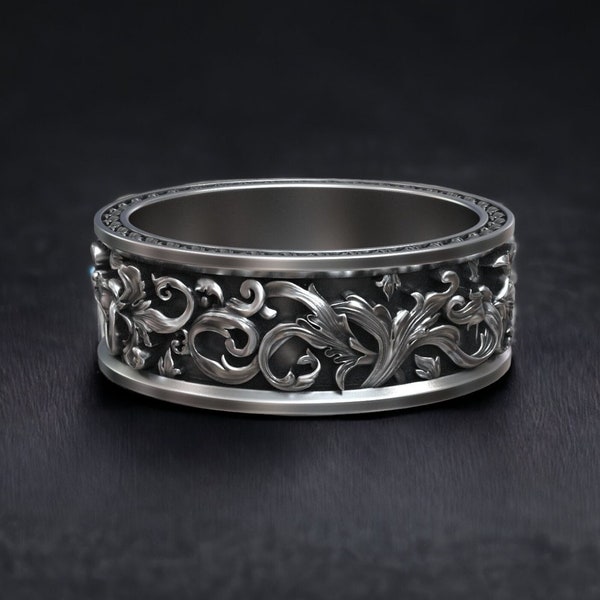 Bague design rococo gravée pour homme, large anneau, bijoux en argent pour homme, anneau unique pour homme, bague de fiançailles pour homme, alliance florale