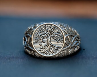 Anillo Yggdrasil de plata para hombres, anillo para hombres del árbol de la vida, anillo de sello hecho a mano, anillo espiritual, anillo de declaración para hombres, joyería del árbol de la vida