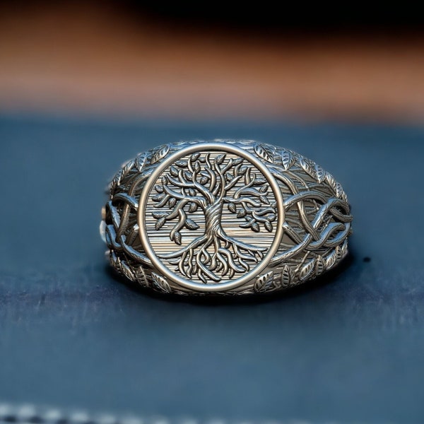 Anillo Yggdrasil de plata para hombres, anillo para hombres del árbol de la vida, anillo de sello hecho a mano, anillo espiritual, anillo de declaración para hombres, joyería del árbol de la vida
