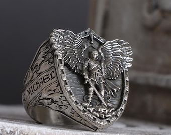 925 Sterling Silver Saint Michael Ring: Archangel Protection Ring for Men, Catholic Defender Ring