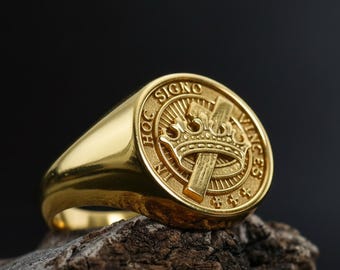 14K Solid Gold In Hoc Signo Vinces Ring: Latin Cross Signet Ring, Roman Christian Ring, Men Statement Ring