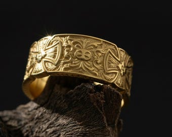 14K Solid Gold Maltese Cross Ring: Templar Knight Ring, Medieval Signet Ring, Mens Gold Band