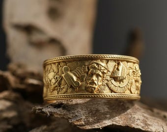 Greek Gods and Heroes Ring 14K Solid Gold: Mythology Band Ring, Ancient Greek Jewelry