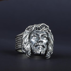 Silver Christ Face Ring,  Jesus Head Ring, Religious Statement Ring for Men, Crown of Thorns Ring, Bible Jewelry, Christian Gift for Him