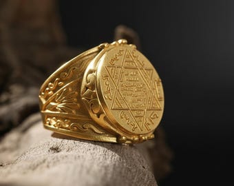 14K Solid Gold Solomon’s Seal Ring: Large Signet Ring, Occult Symbol Ring, Gold Statement Ring