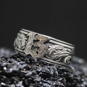 Lucky Number 13 Baroque Ring, Goth Pinky Ring, Floral Design Wedding Band For Men, Number Thirteen Ring, Lucky Number Jewelry