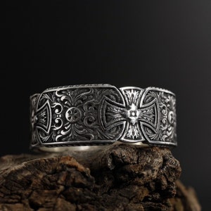 Wide Maltese Cross Band Ring: 925K Sterling Silver Religious Wedding Band for Men
