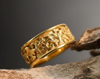 14K Solid Gold Baroque Band Ring: Vintage Engraved Statement Ring, Ornate Gold Ring, Luxury Wide Band