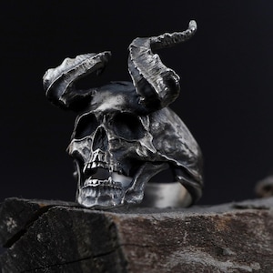 Sterling Silver Horned Skull Ring, 3D Demon Ring, Gothic Ring, Men Punk Jewelry, Men Skull Ring, Men Scary Ring, Motorbiker Ring