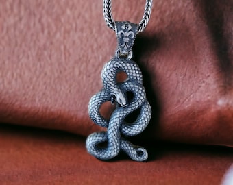 Sterling Silver Gothic Snake Necklace, Serpent Necklace, Punk Jewelry, Ouroboros Necklace, Snake Jewelry, Men Fantasy Necklace, Gothic Gift