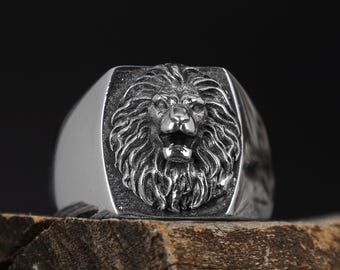 Mens Lion Signet Ring: 925k Silver Roaring Lion Head Ring, Leo Zodiac Jewelry, King of the Jungle Ring