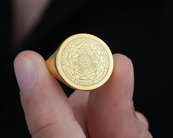 Gold Sacred Geometry Ring: Angelic Sigil Design Ring, Men's Custom Statement Ring, Archangel Guardian Signet Ring