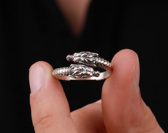 Double Dragon Head Band Ring: 925K Sterling Silver Adjustable Mystical Creature Band Ring