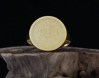 14K Solid Gold Angelic Sigil Signet Ring:  Engraved Gold Ring for Men, Spiritual Protection Jewelry