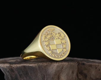 14K Solid Gold Custom Family Crest Signet Ring: Heritage Coat of Arms Heirloom